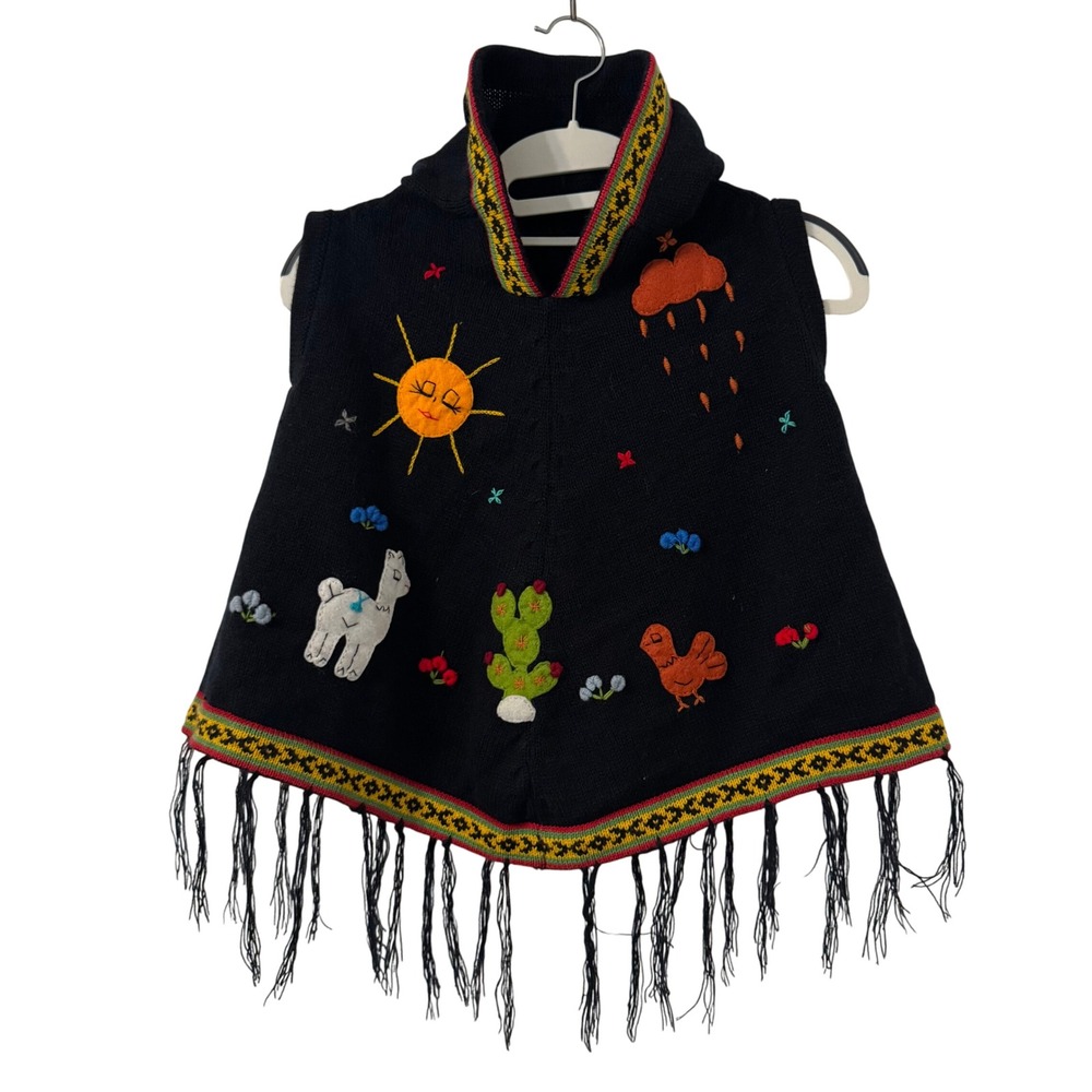 Kids Black Hooded Poncho Sz 8 Alpaca Llama‎ Sun Cactus Frog Chicken Snail